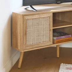 115cm TV unit wooden effect and cane 2 doors