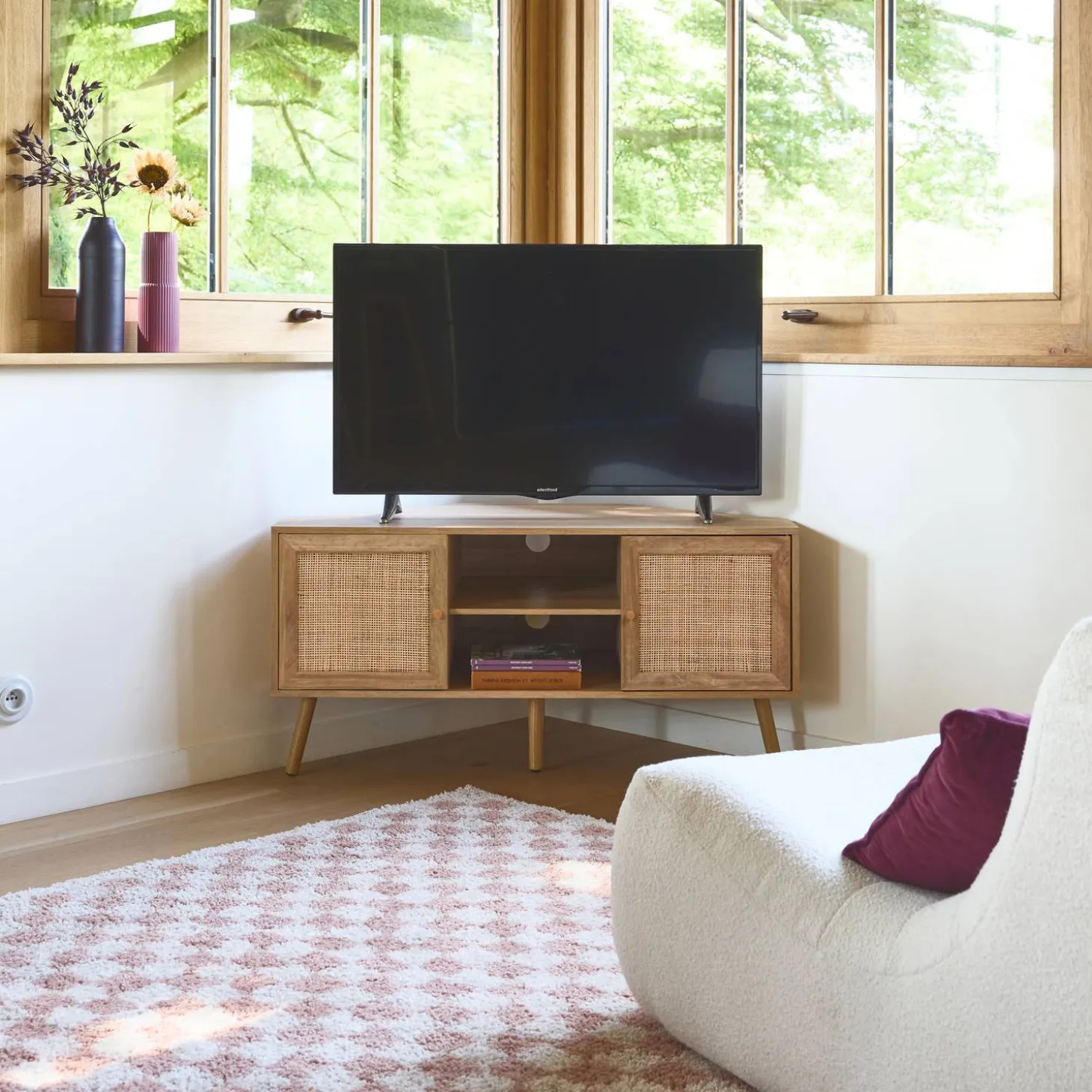 115cm TV unit wooden effect and cane 2 doors