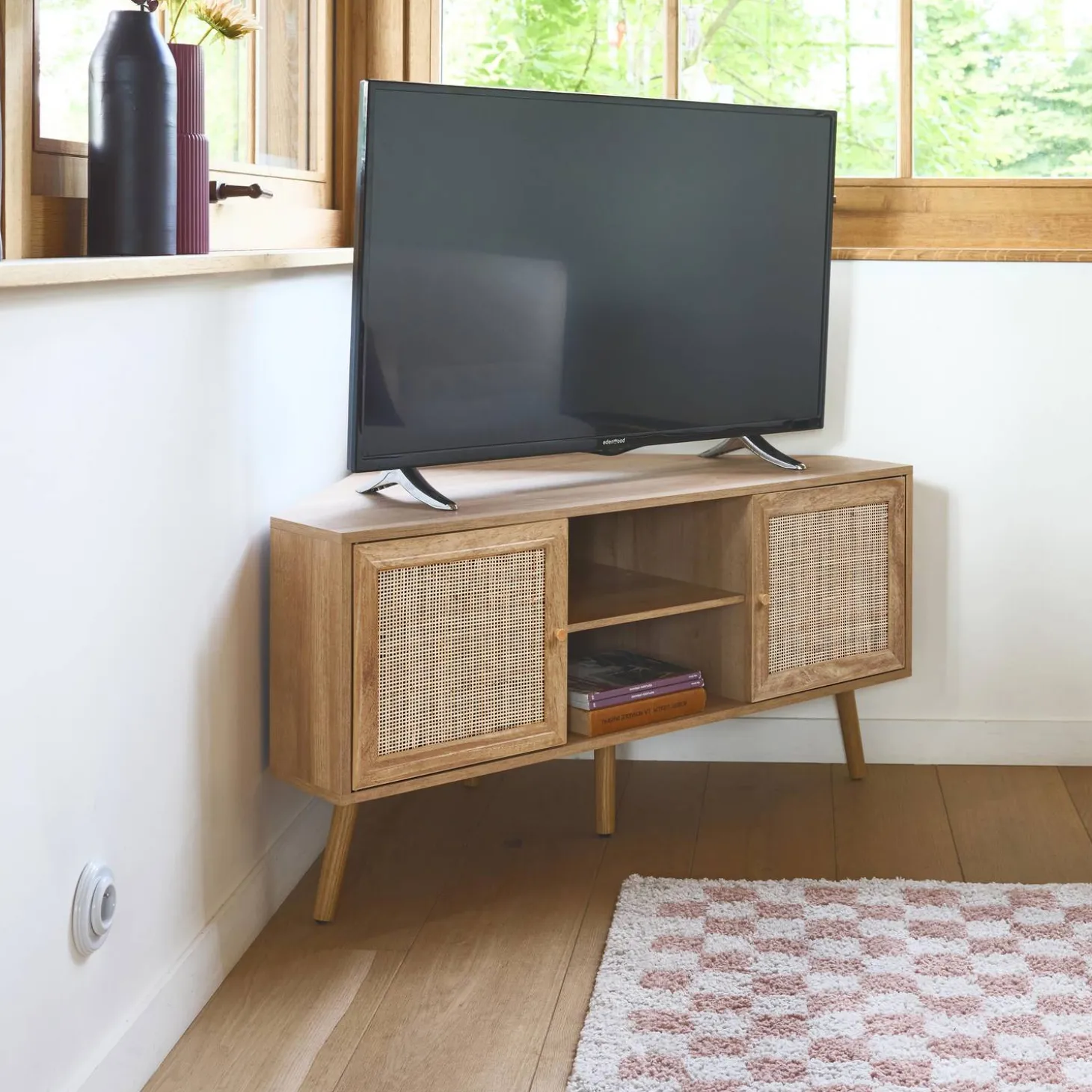 115cm TV unit wooden effect and cane 2 doors