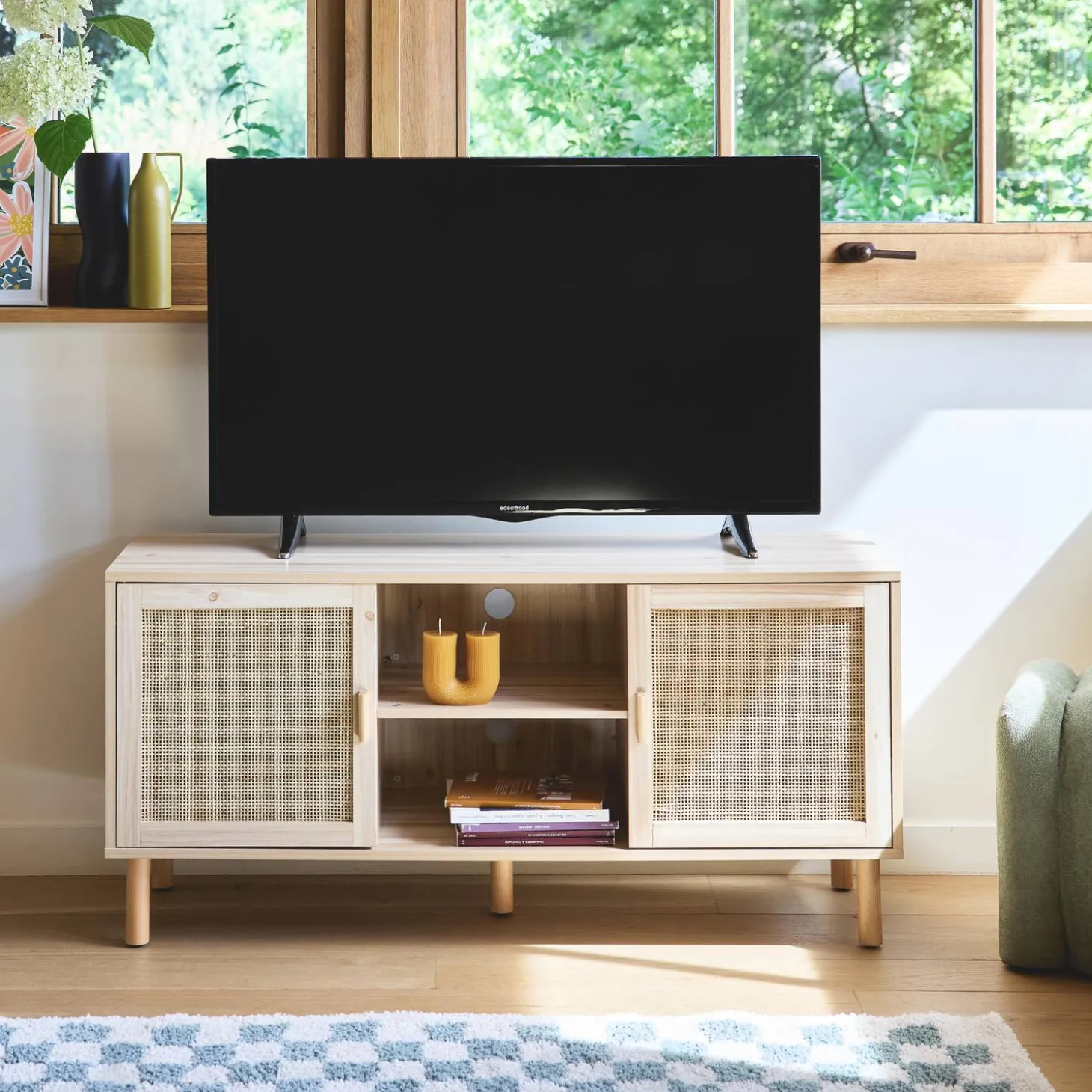 120cm TV unit wooden effect and cane 2 doors
