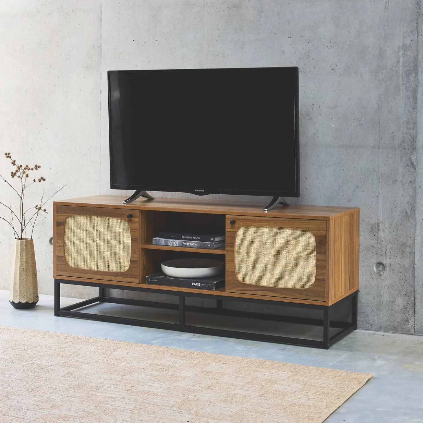 140cm TV unit wooden effect and rounded cane 2 doors