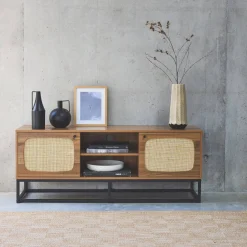 140cm TV unit wooden effect and rounded cane 2 doors