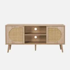 120cm TV unit woodenn effect rounded cane rattan 2 doors