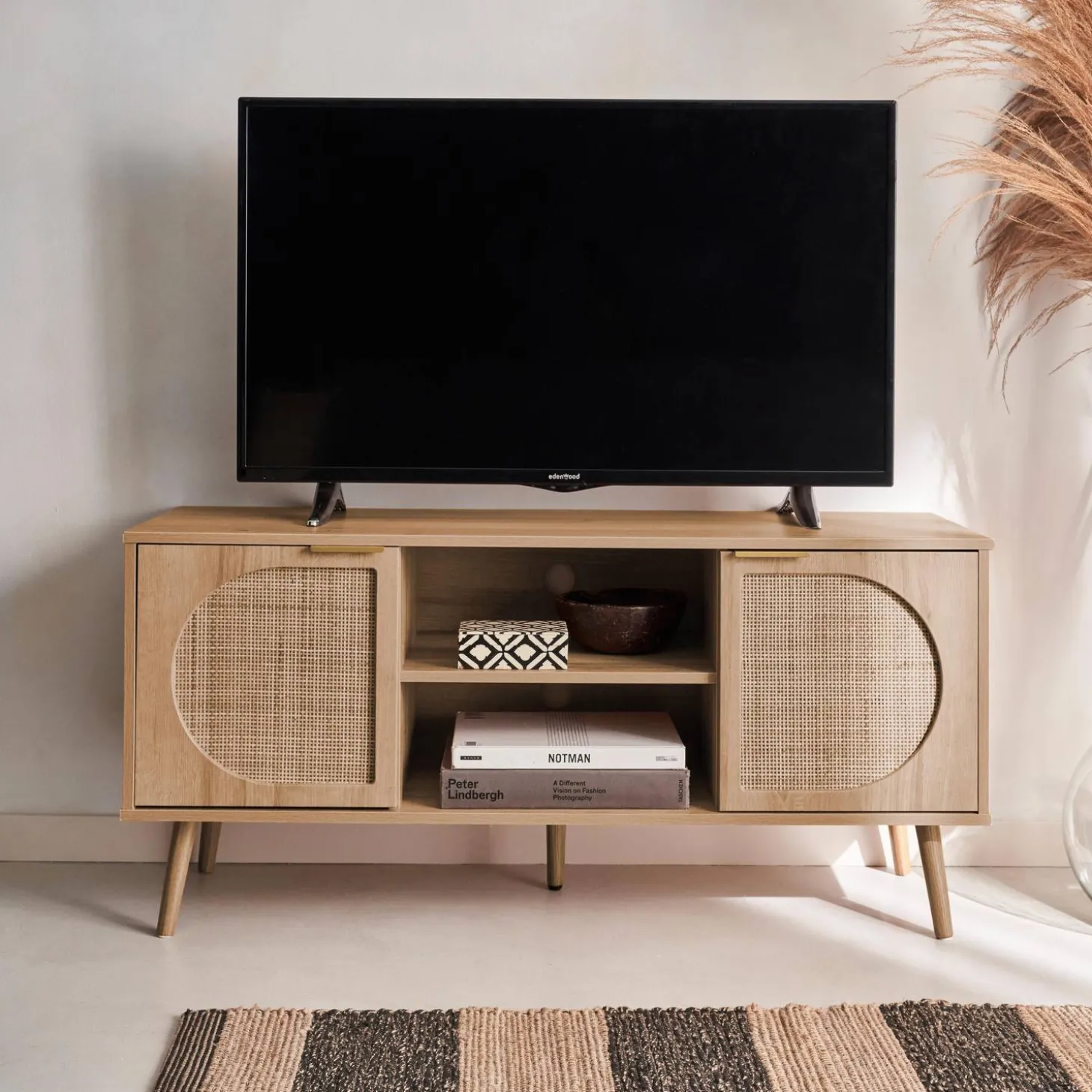 120cm TV unit woodenn effect rounded cane rattan 2 doors
