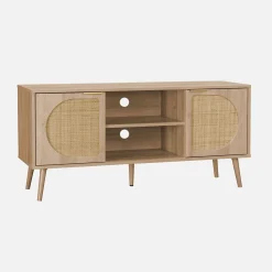 120cm TV unit woodenn effect rounded cane rattan 2 doors