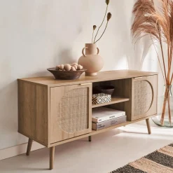 120cm TV unit woodenn effect rounded cane rattan 2 doors