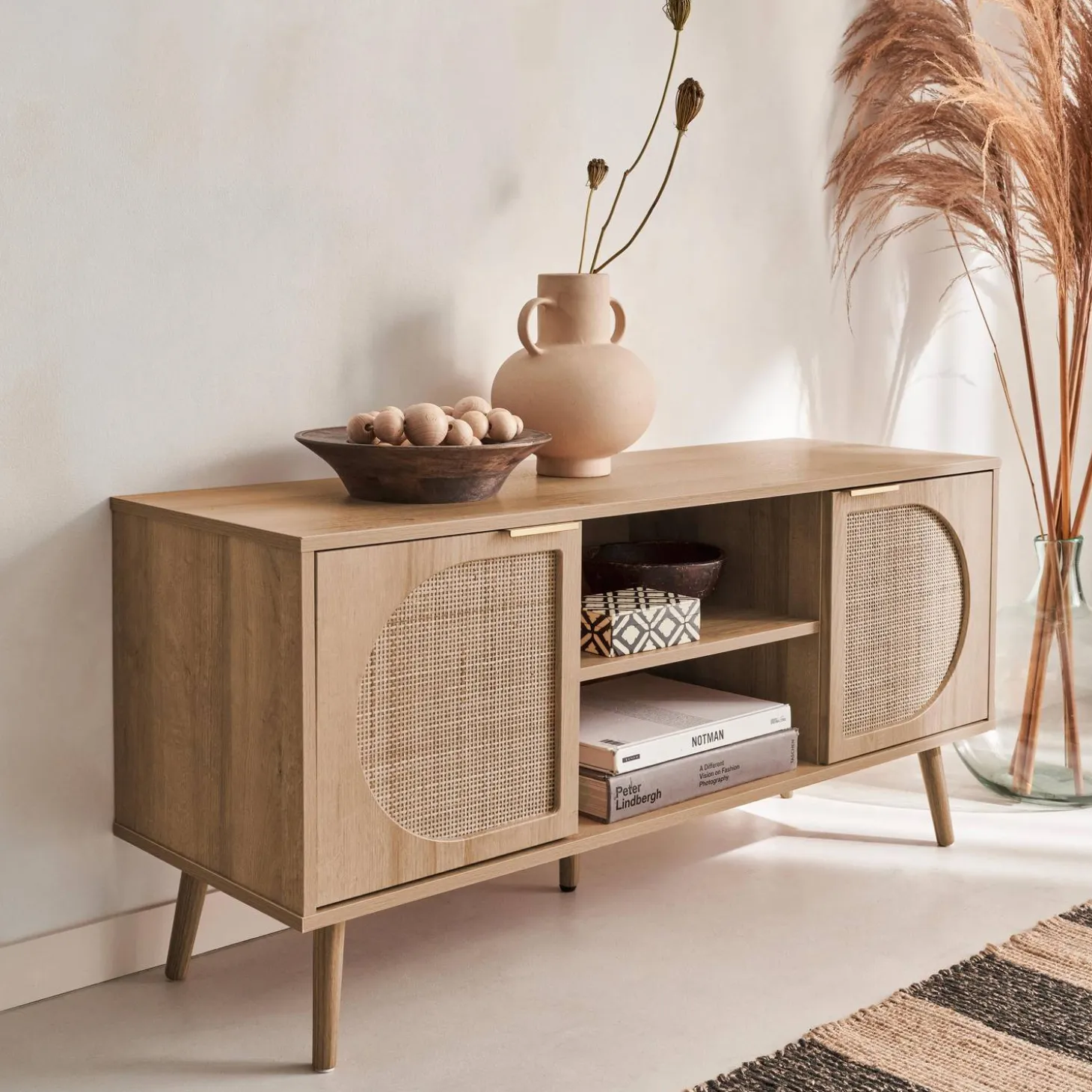 120cm TV unit woodenn effect rounded cane rattan 2 doors