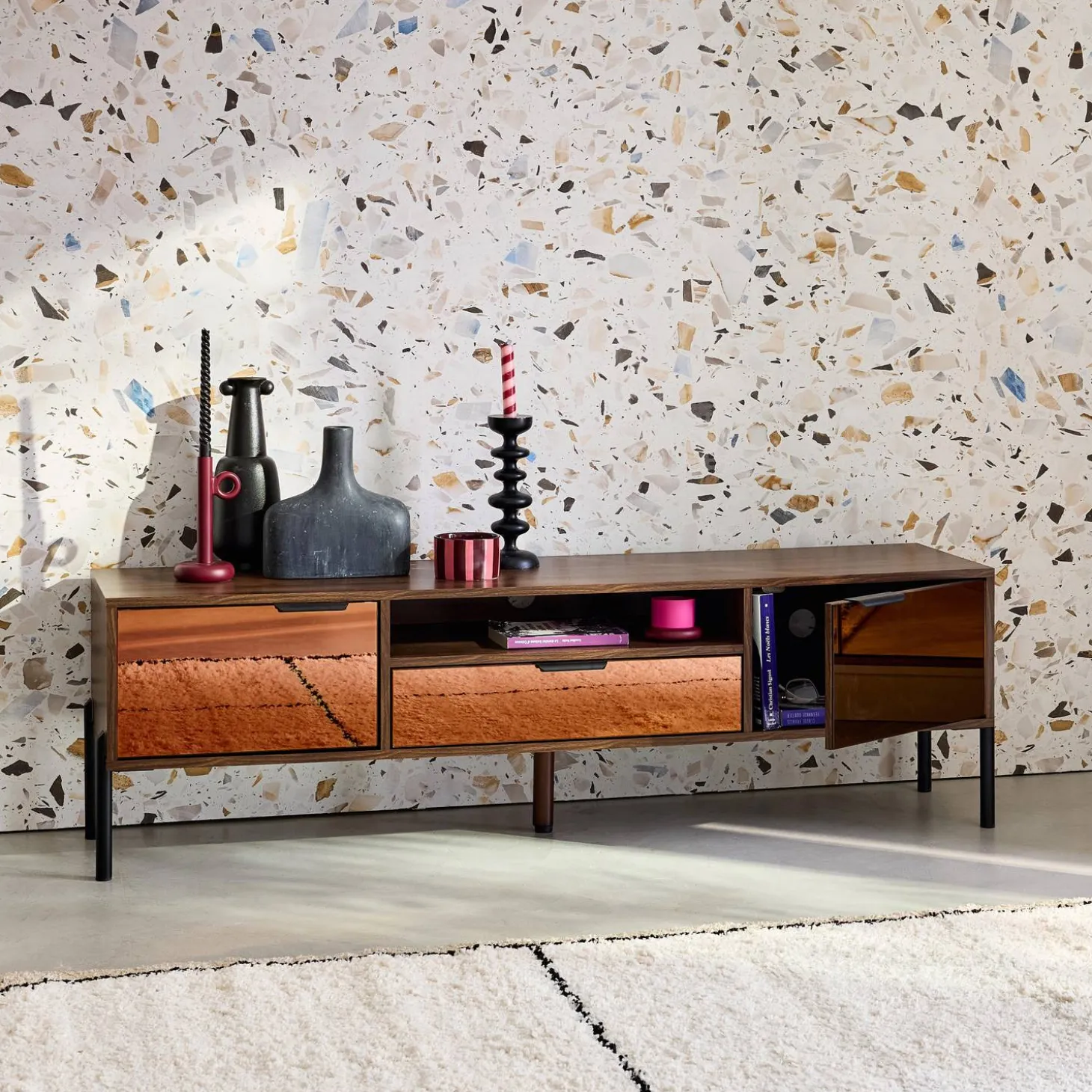151.5cm vintage TV unit walnut wooden effect 2 doors 1 drawer