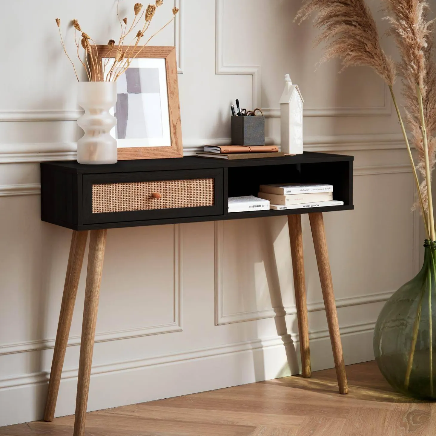 100cm wood and cane decor console table