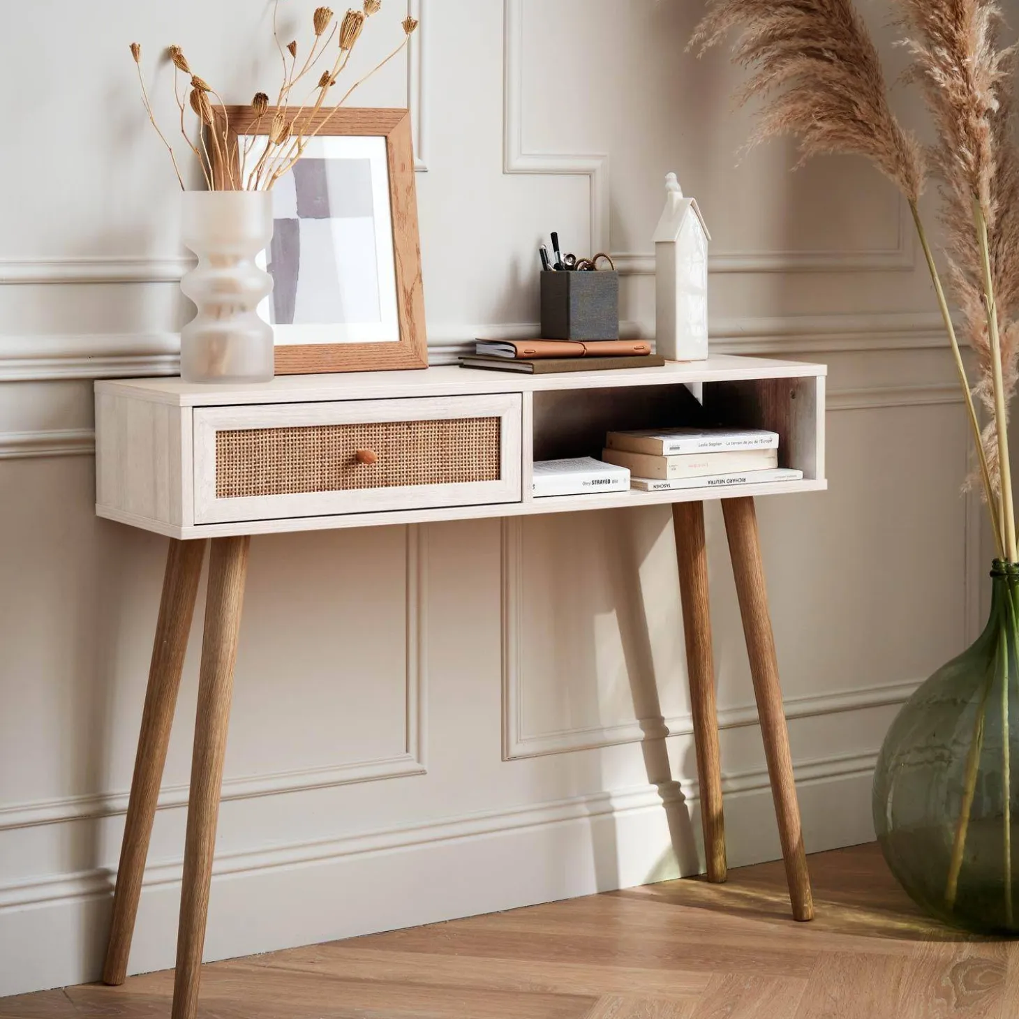 100cm wood and cane decor console table
