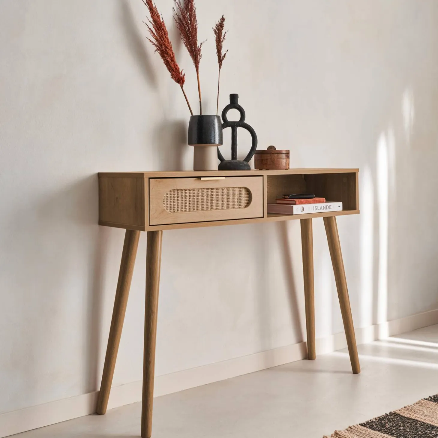 100cm wood and cane rattan console table