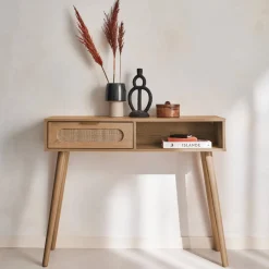 100cm wood and cane rattan console table
