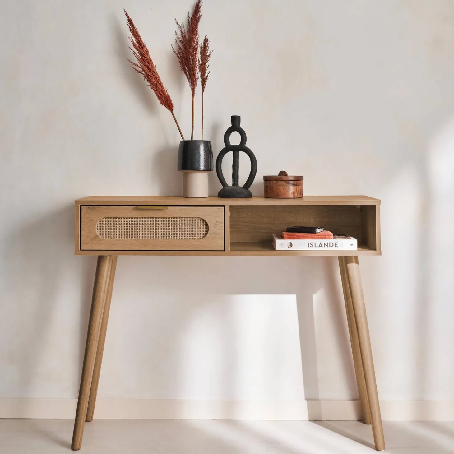100cm wood and cane rattan console table