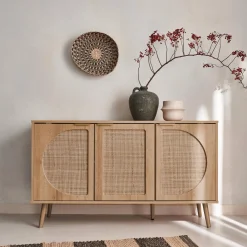 120cm wood and cane rattan sideboard