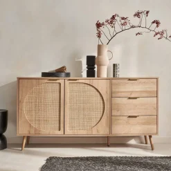150cm wood and rounded cane rattan sideboard