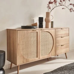 150cm wood and rounded cane rattan sideboard