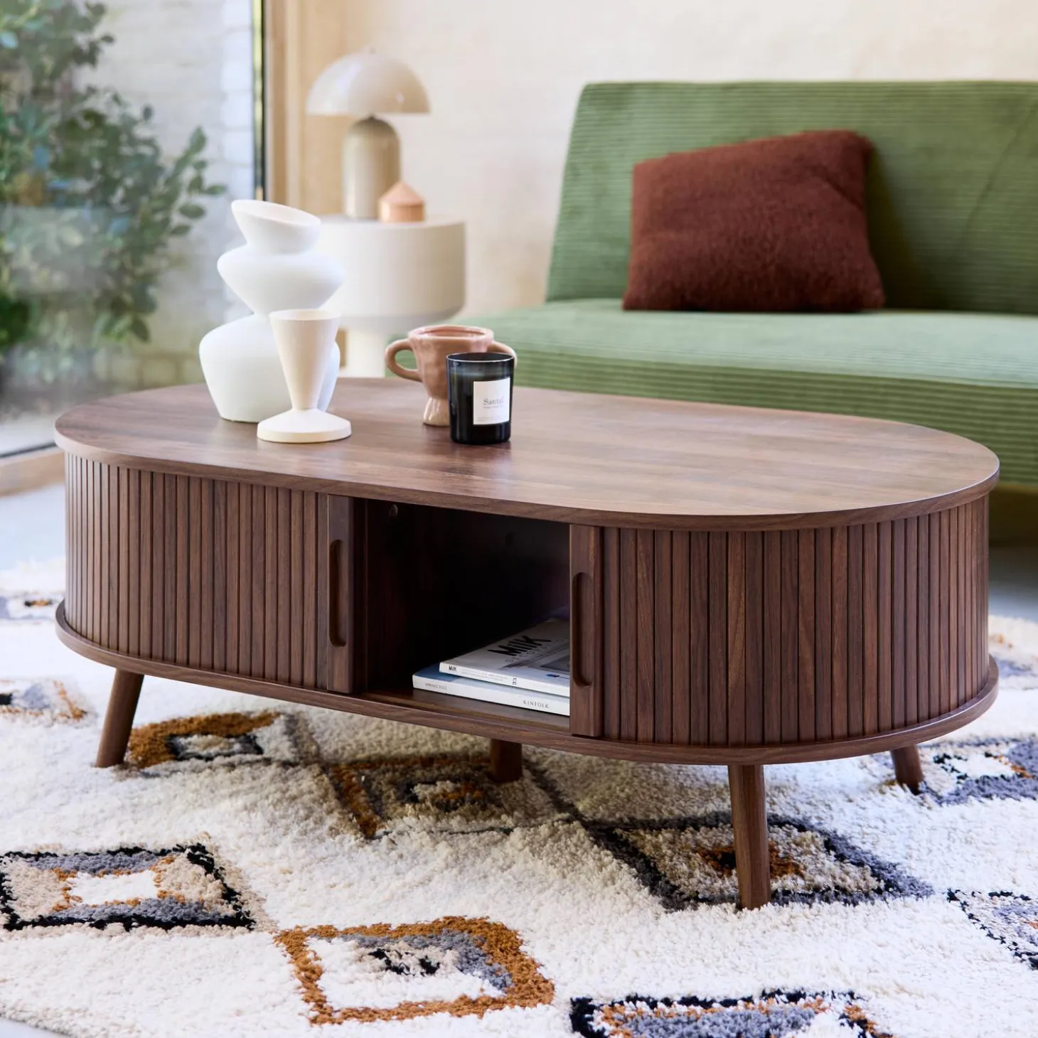 Coffee table with sliding doors and grooved wooden-effect compartments