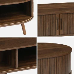 Coffee table with sliding doors and grooved wooden-effect compartments