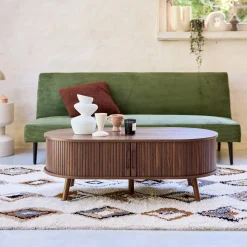 Coffee table with sliding doors and grooved wooden-effect compartments