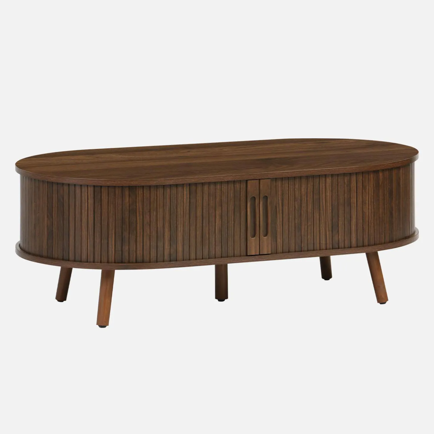 Coffee table with sliding doors and grooved wooden-effect compartments