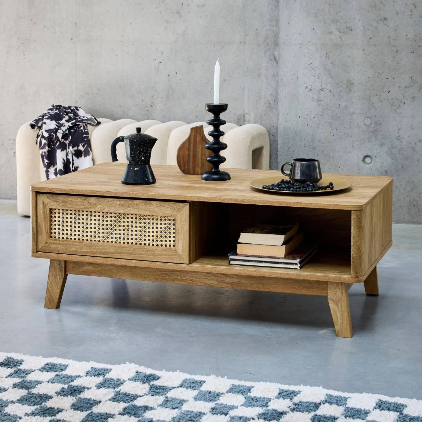Coffee table with sliding door wood and cane effect