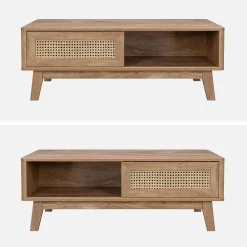 Coffee table with sliding door wood and cane effect