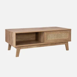Coffee table with sliding door wood and cane effect