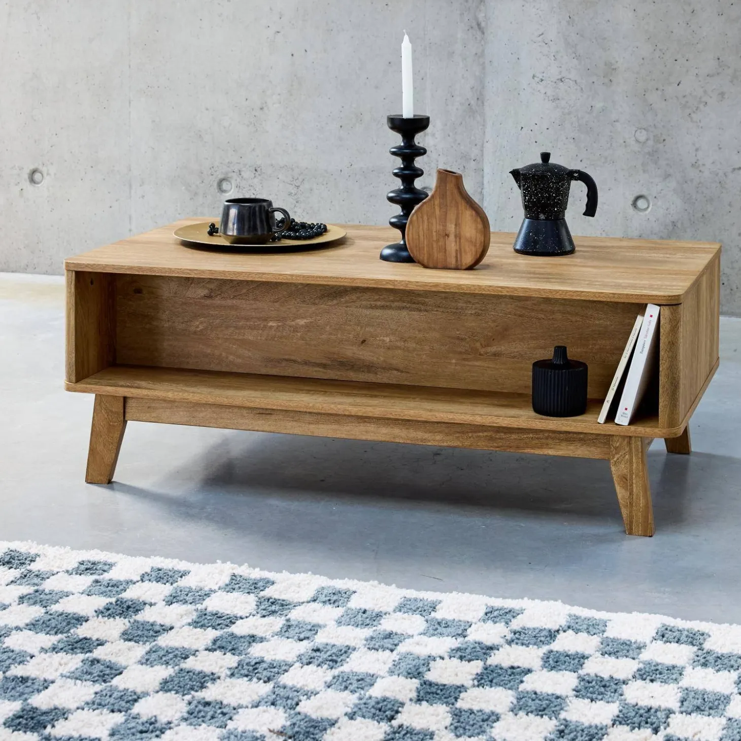 Coffee table with sliding door wood and cane effect