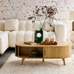 Coffee table with sliding doors and grooved wooden-effect compartments