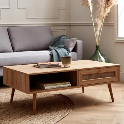 Coffee table with wood and cane effect