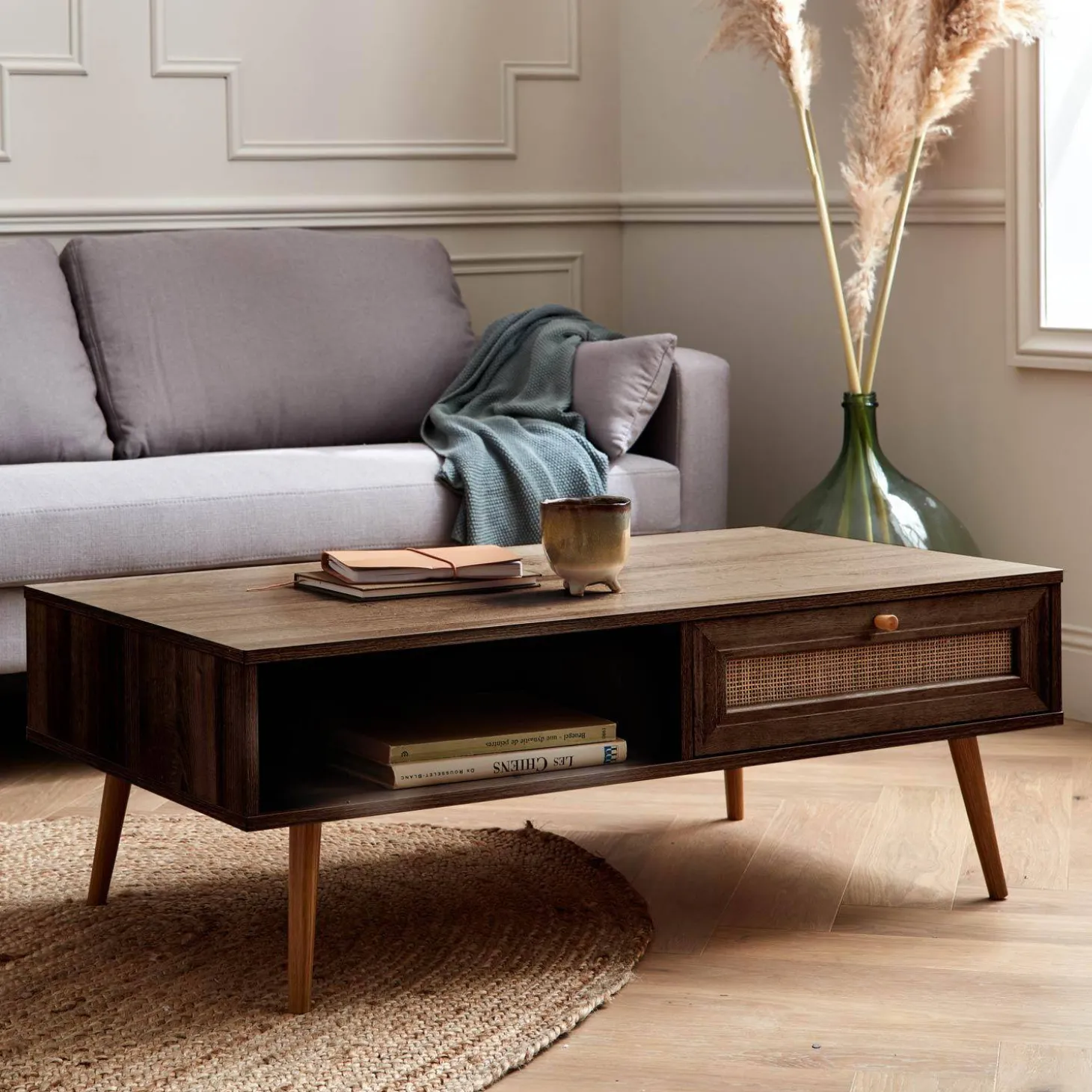 Coffee table with wood and cane effect