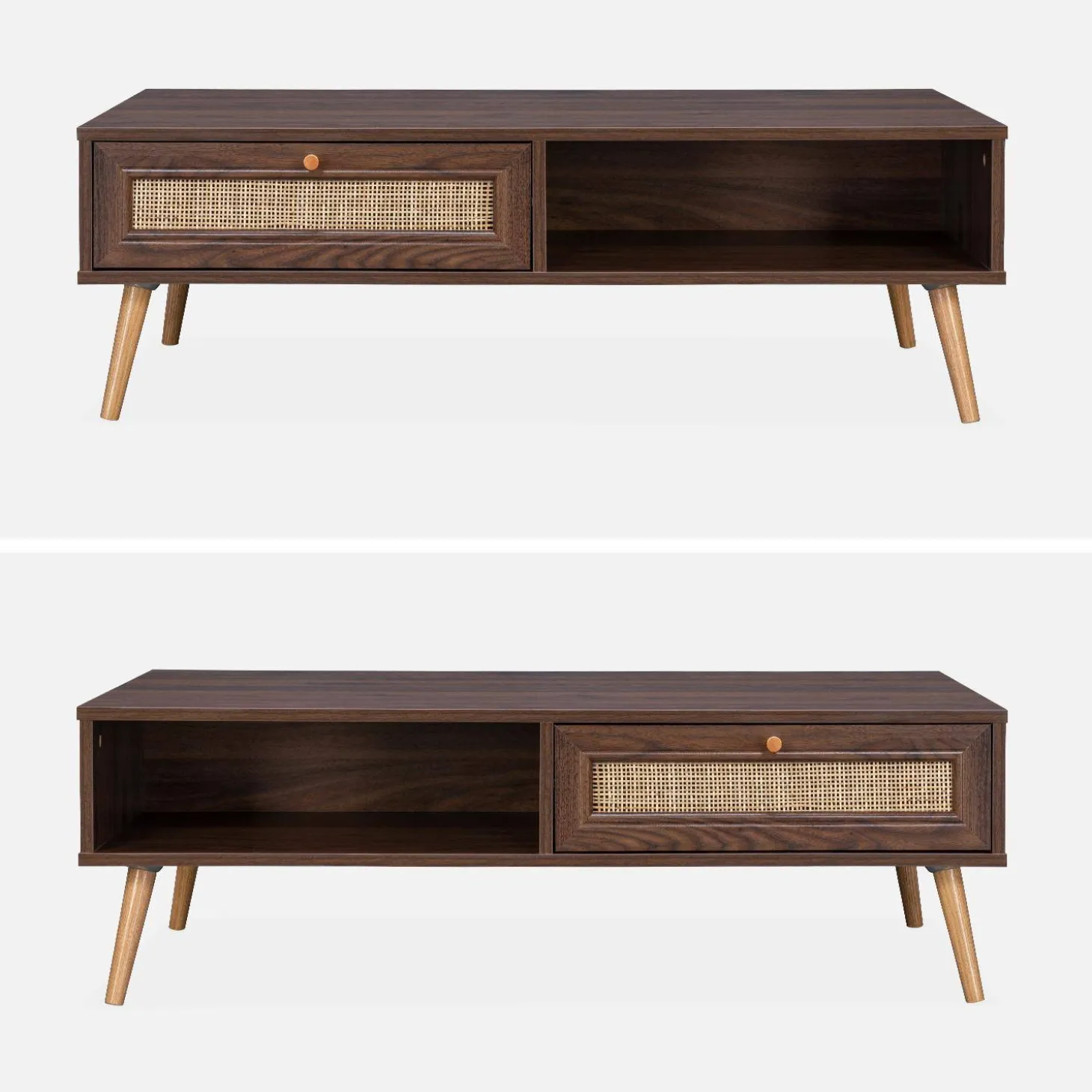 Coffee table with wood and cane effect