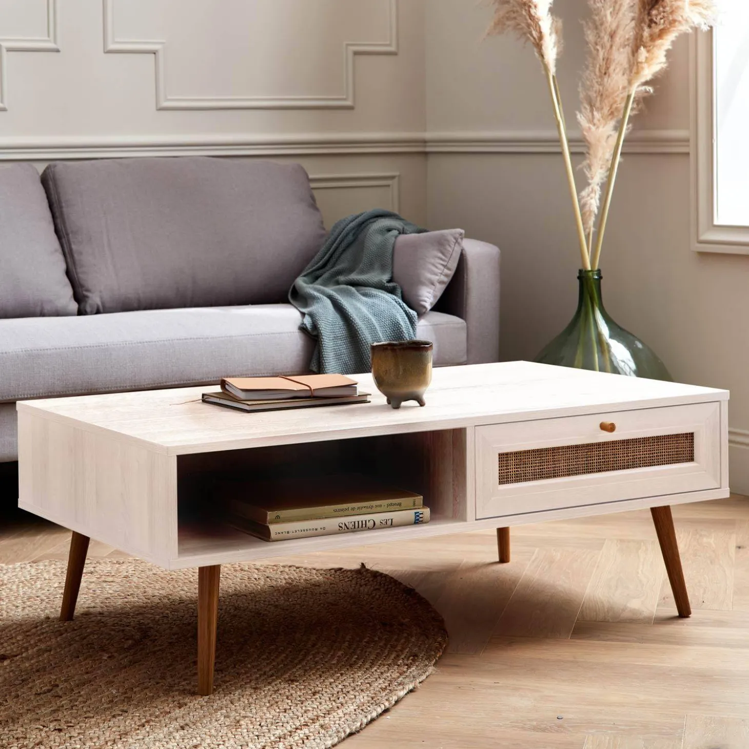 Coffee table with wood and cane effect