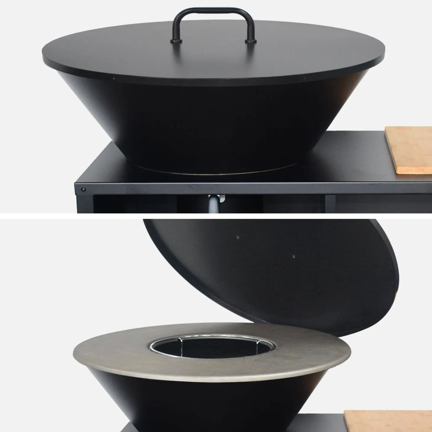 Cooking brazier Ø80cm with cooking grill, storage space, lid and utensils