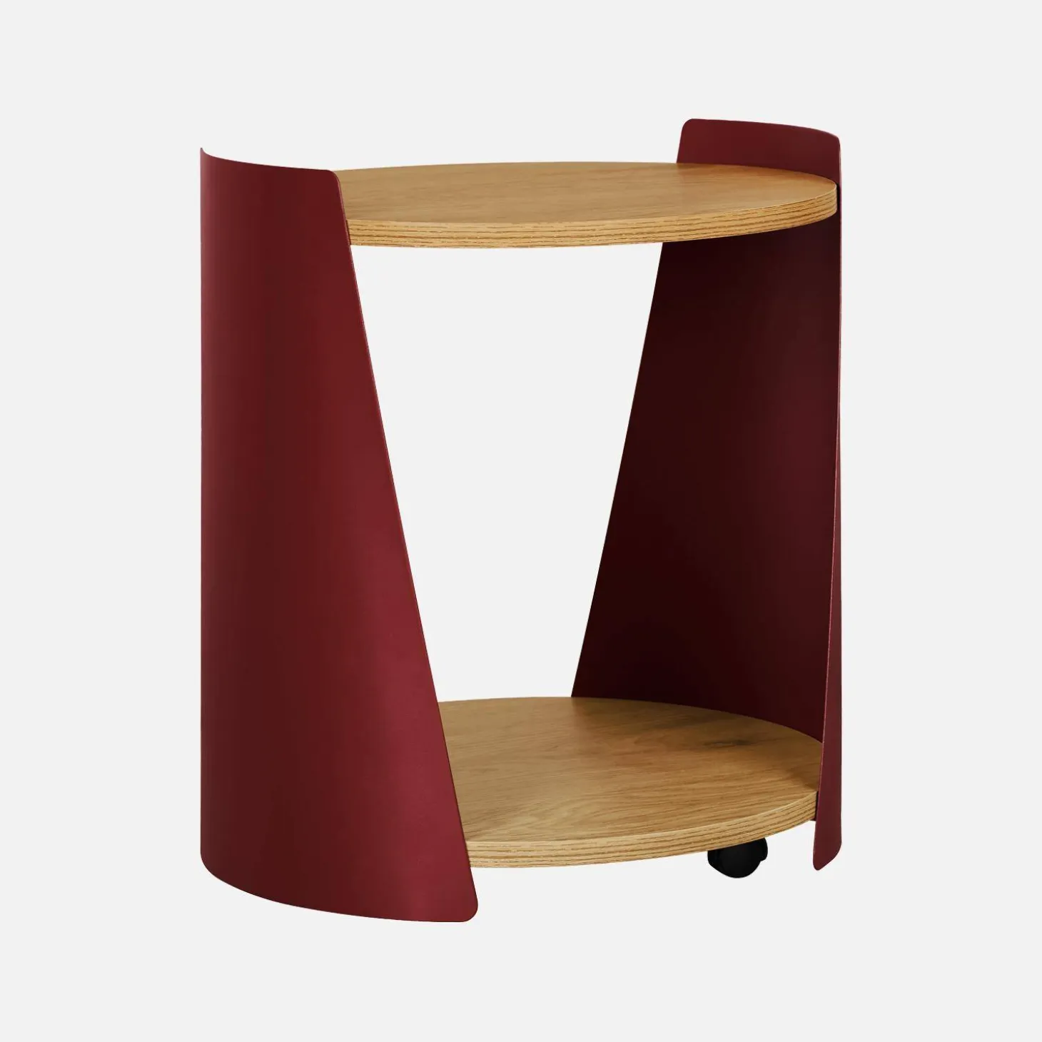 Curved metal side table or bedside table with wood decor and casters