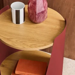 Curved metal side table or bedside table with wood decor and casters