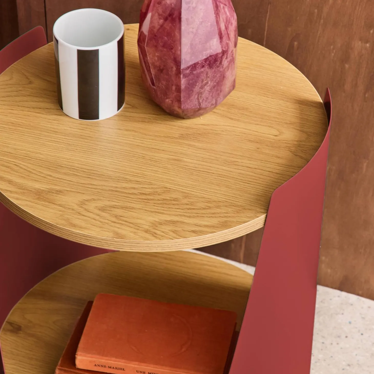 Curved metal side table or bedside table with wood decor and casters