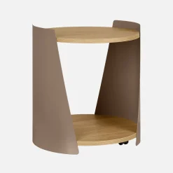 Curved metal side table or bedside table with wood decor and casters