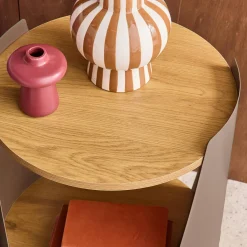 Curved metal side table or bedside table with wood decor and casters