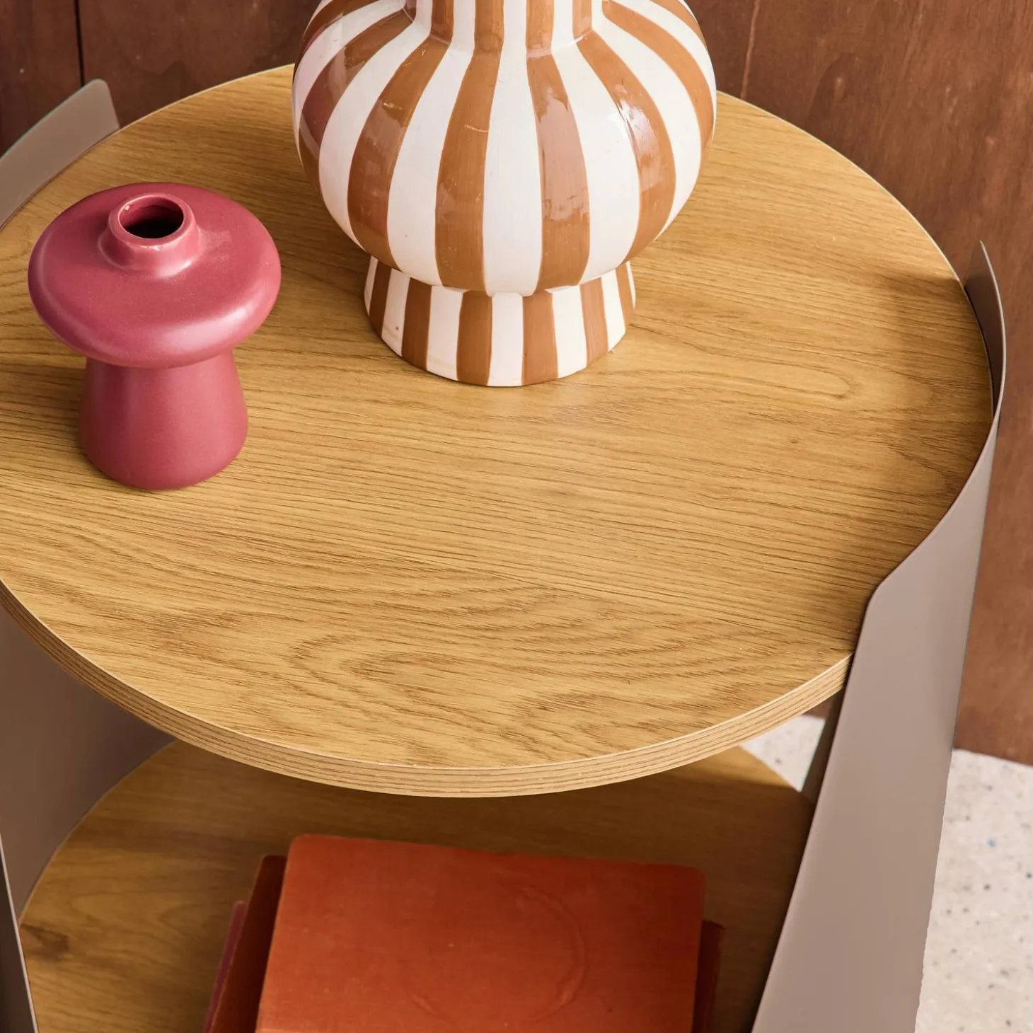 Curved metal side table or bedside table with wood decor and casters