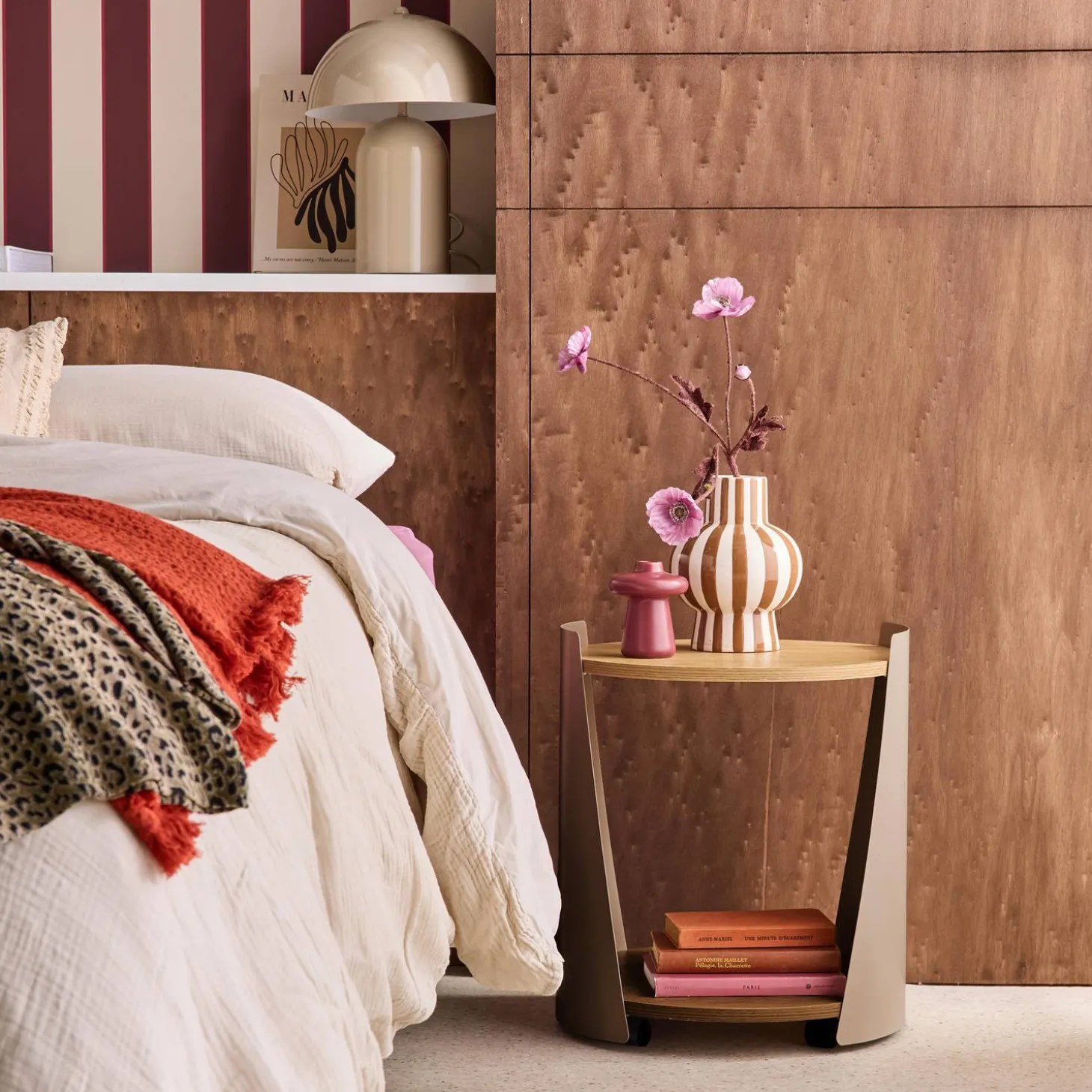 Curved metal side table or bedside table with wood decor and casters