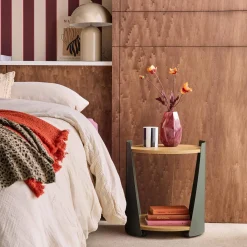 Curved metal side table or bedside table with wood decor and casters