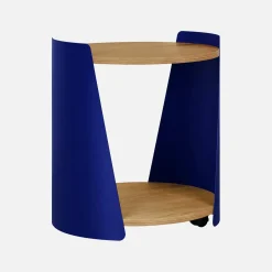 Curved metal side table or bedside table with wood decor and casters