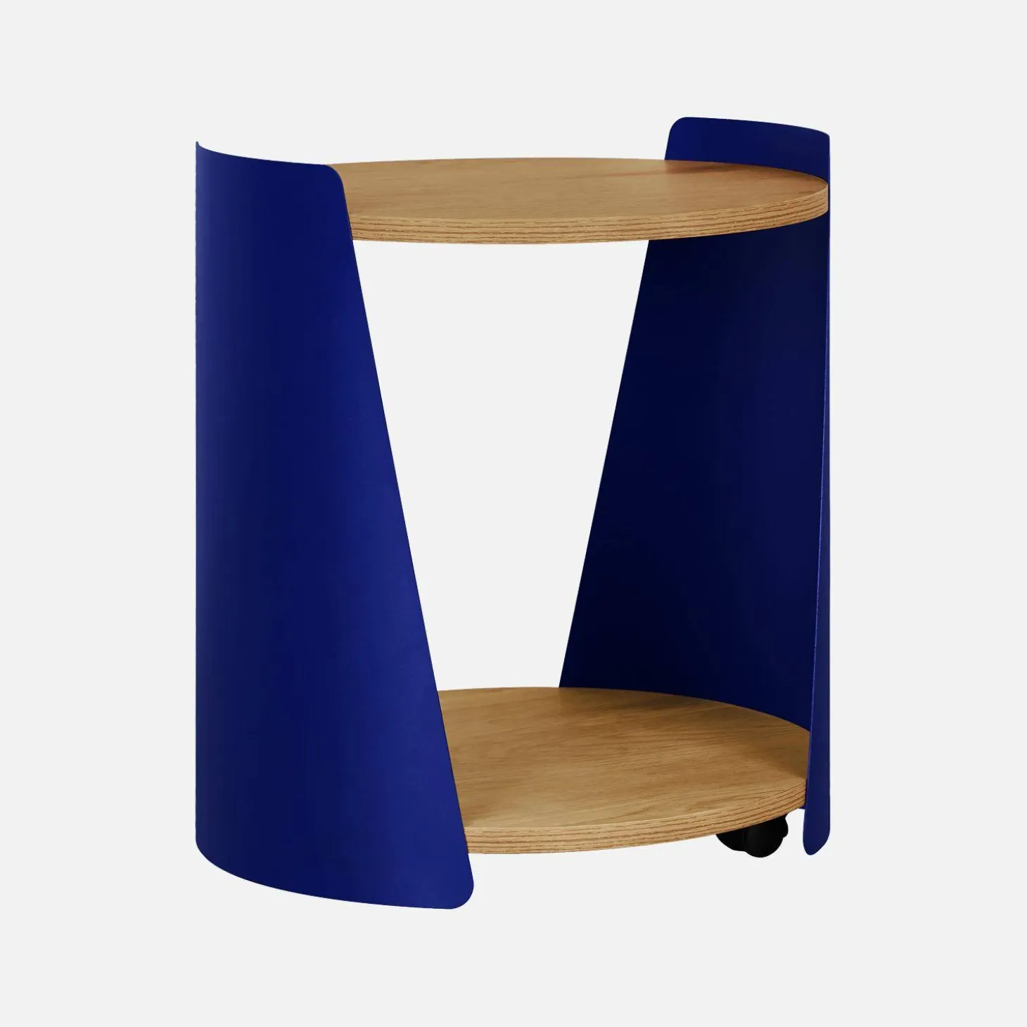 Curved metal side table or bedside table with wood decor and casters