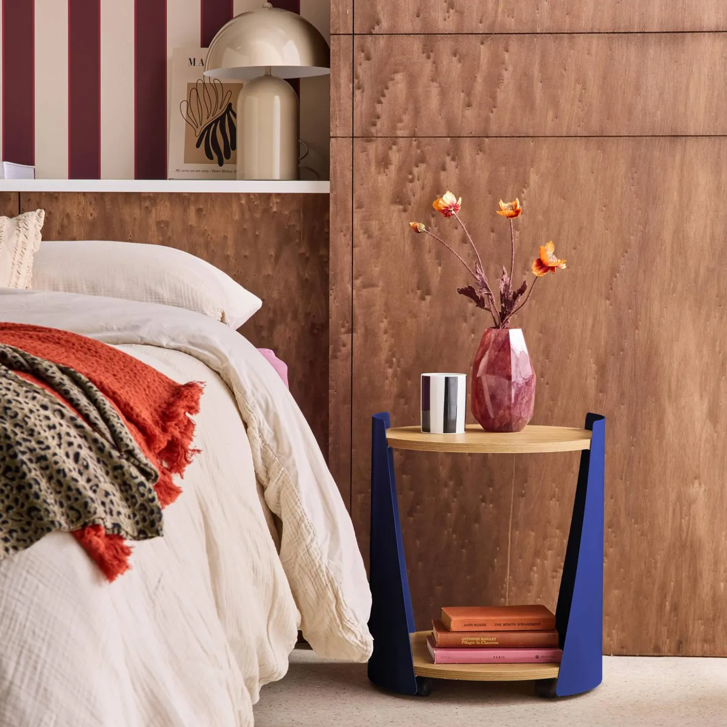 Curved metal side table or bedside table with wood decor and casters