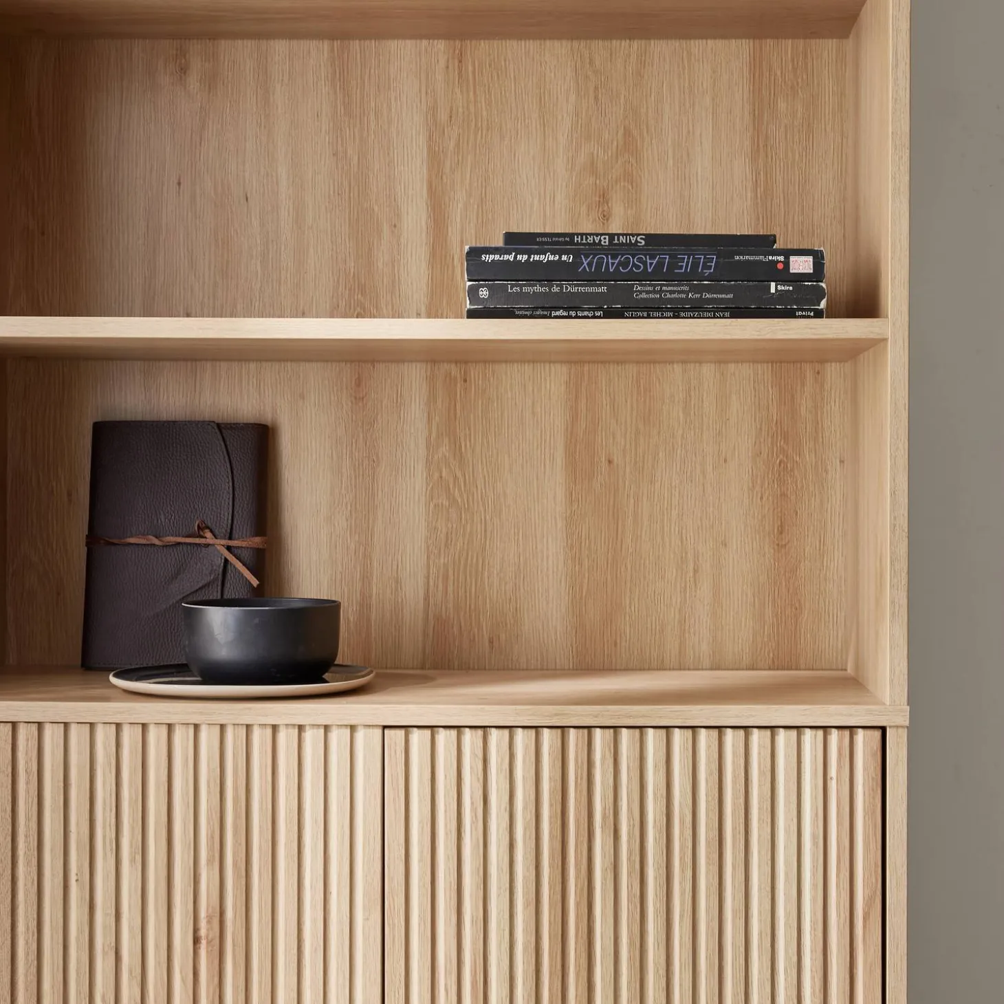 2-door bookcase with wooden decor and metal