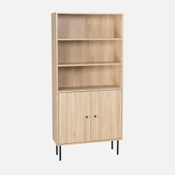 2-door bookcase with wooden decor and metal