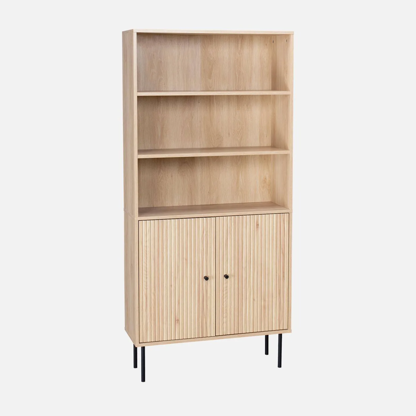 2-door bookcase with wooden decor and metal