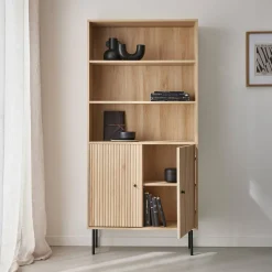 2-door bookcase with wooden decor and metal