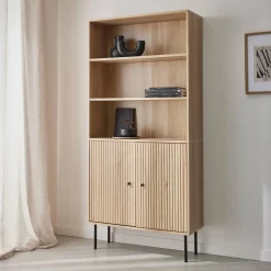 2-door bookcase with wooden decor and metal